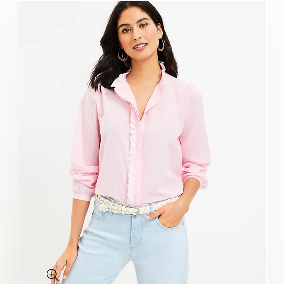 Ann Taylor LOFT Women’s L Pink Striped Ruffled Long-Sleeve Cotton - Picture 1 of 13